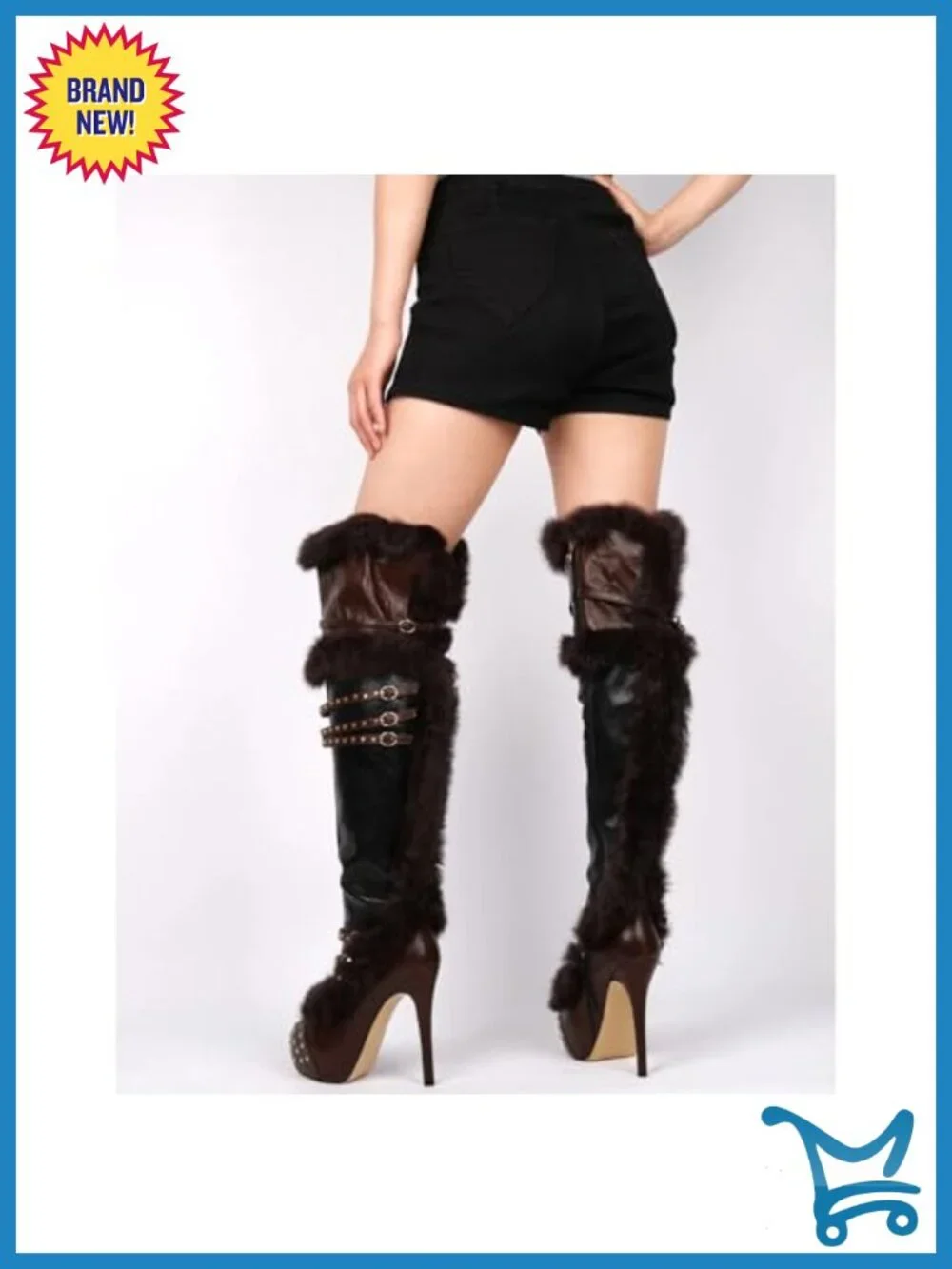 Platform Thigh High Boots Studded Faux Fur Heels Stilettos